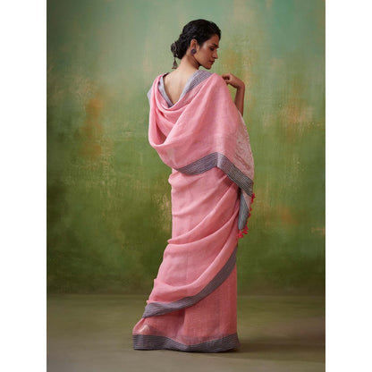 Dressfolk Rose linen saree with delicate zari
