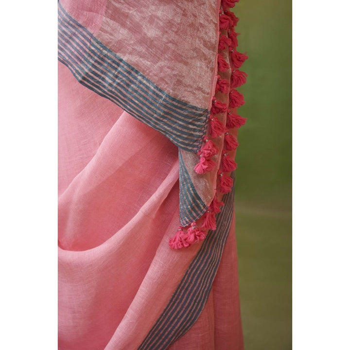 Dressfolk Rose linen saree with delicate zari