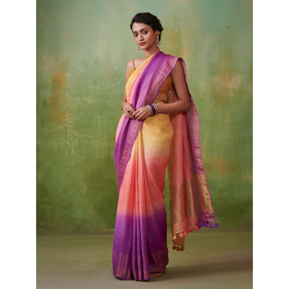 Dressfolk ombre with coral pink yellow and voilet handwoven linen saree