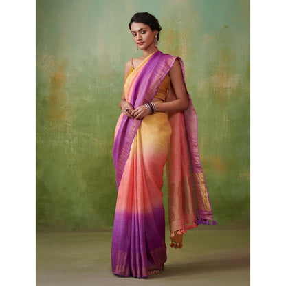 Dressfolk ombre with coral pink yellow and voilet handwoven linen saree
