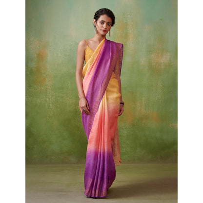 Dressfolk ombre with coral pink yellow and voilet handwoven linen saree