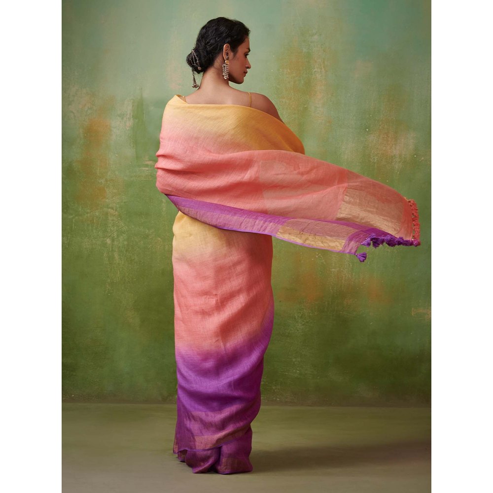 Dressfolk ombre with coral pink yellow and voilet handwoven linen saree