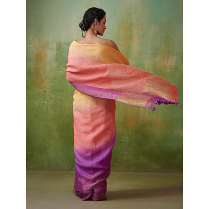 Dressfolk ombre with coral pink yellow and voilet handwoven linen saree