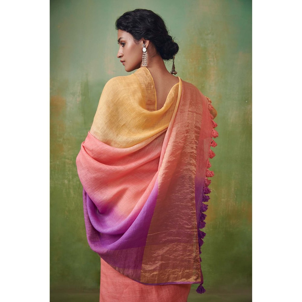 Dressfolk ombre with coral pink yellow and voilet handwoven linen saree