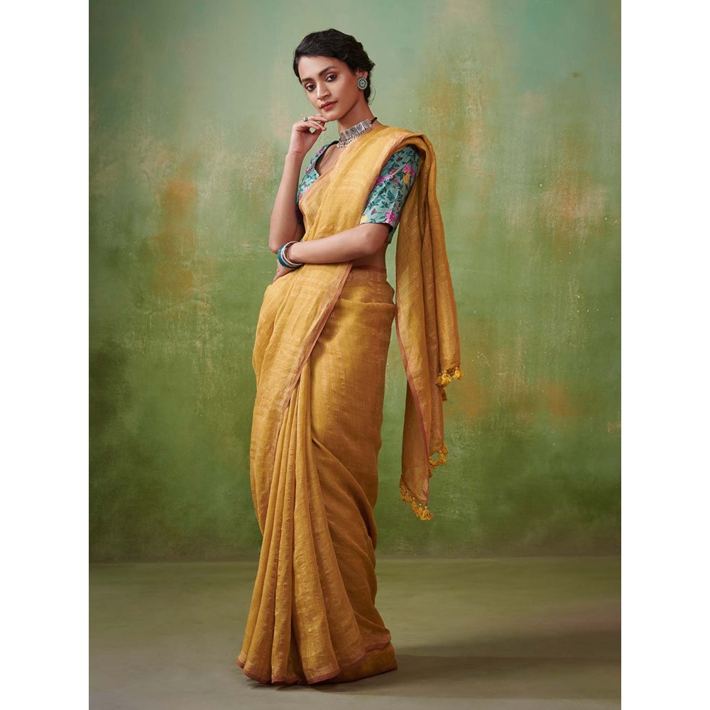 Dressfolk elegant yellow linen handwoven saree