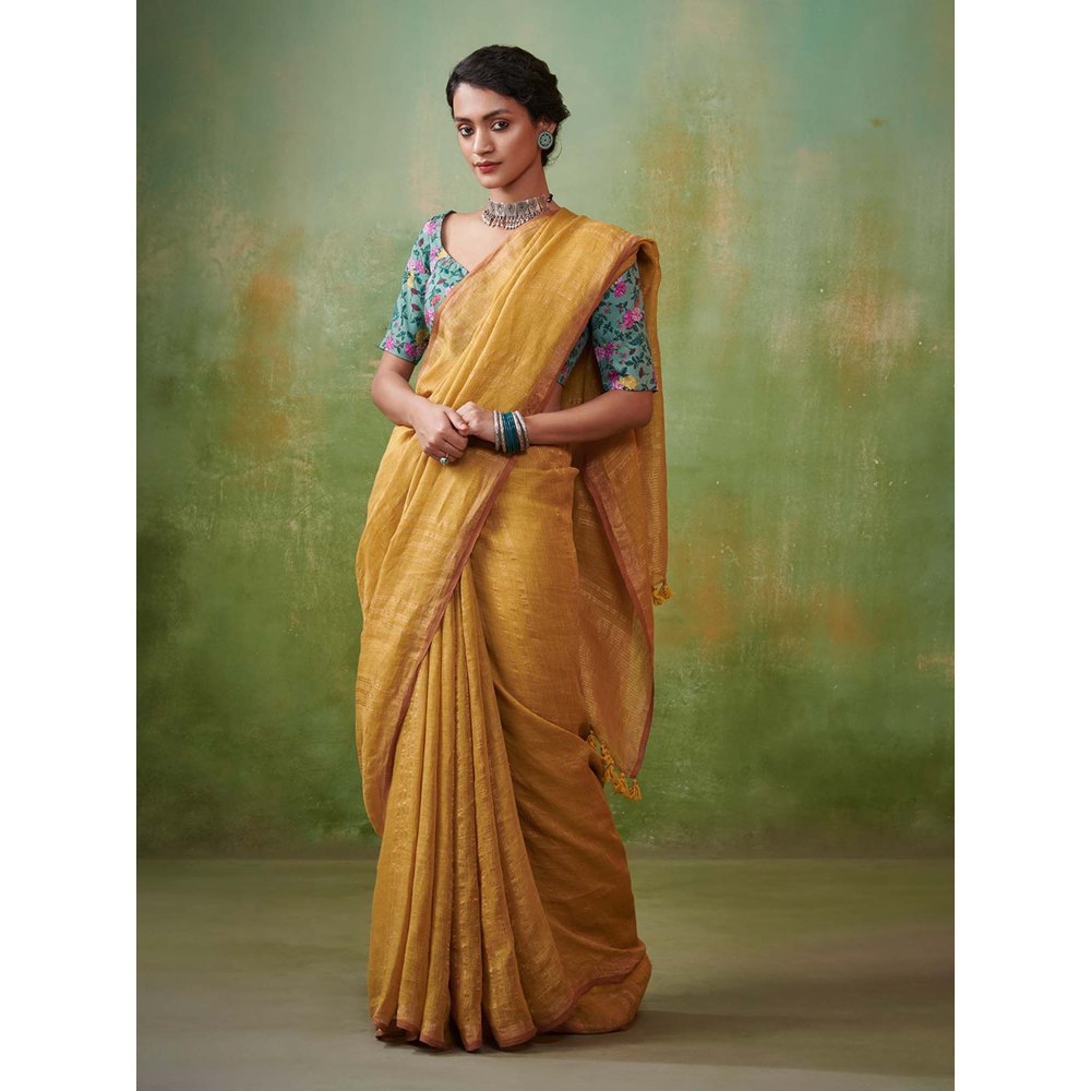 Dressfolk elegant yellow linen handwoven saree