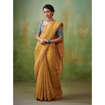 Dressfolk elegant yellow linen handwoven saree