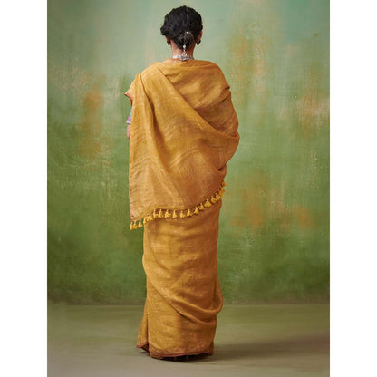 Dressfolk elegant yellow linen handwoven saree