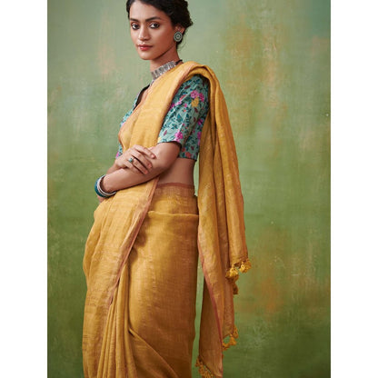 Dressfolk elegant yellow linen handwoven saree