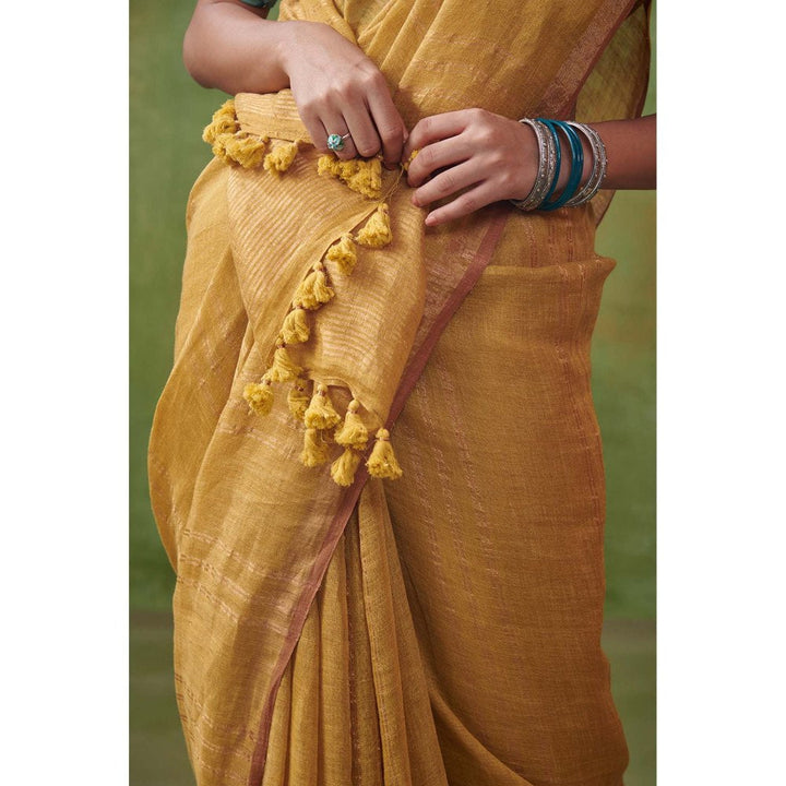 Dressfolk elegant yellow linen handwoven saree