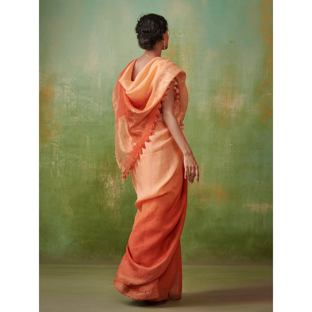 Dressfolk Tangerine ombre linen handwoven saree