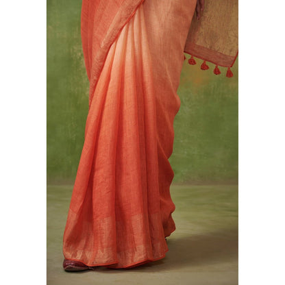 Dressfolk Tangerine ombre linen handwoven saree