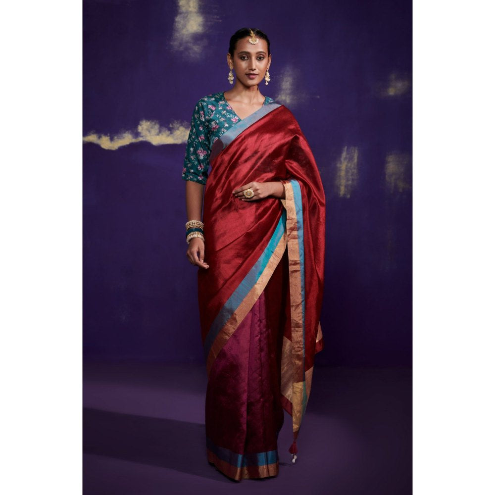 Dressfolk Half Purple and Half Deep Red Saree with Teal Metallic Borders without Blouse