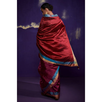 Dressfolk Half Purple and Half Deep Red Saree with Teal Metallic Borders without Blouse