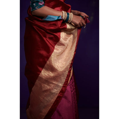 Dressfolk Half Purple and Half Deep Red Saree with Teal Metallic Borders without Blouse