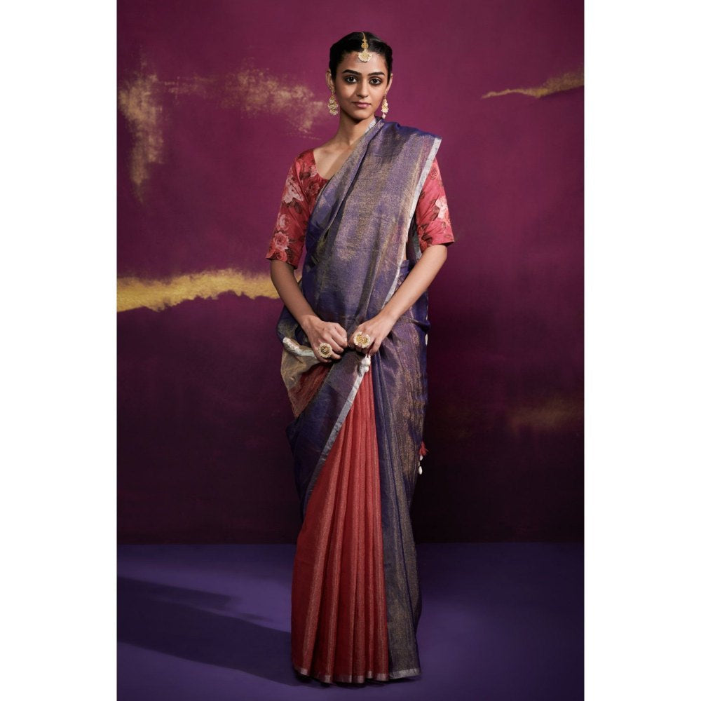 Dressfolk Half Deep Pink and Deep Blue Tissue Saree with Fine Silver Metallic Border without Blouse