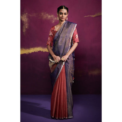 Dressfolk Half Deep Pink and Deep Blue Tissue Saree with Fine Silver Metallic Border without Blouse