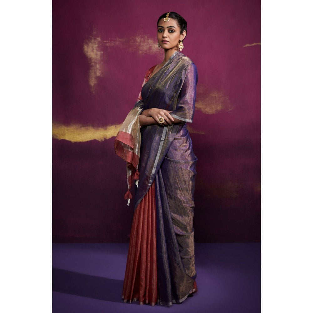 Dressfolk Half Deep Pink and Deep Blue Tissue Saree with Fine Silver Metallic Border without Blouse