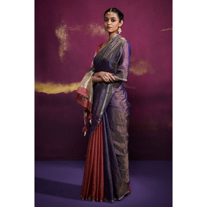 Dressfolk Half Deep Pink and Deep Blue Tissue Saree with Fine Silver Metallic Border without Blouse