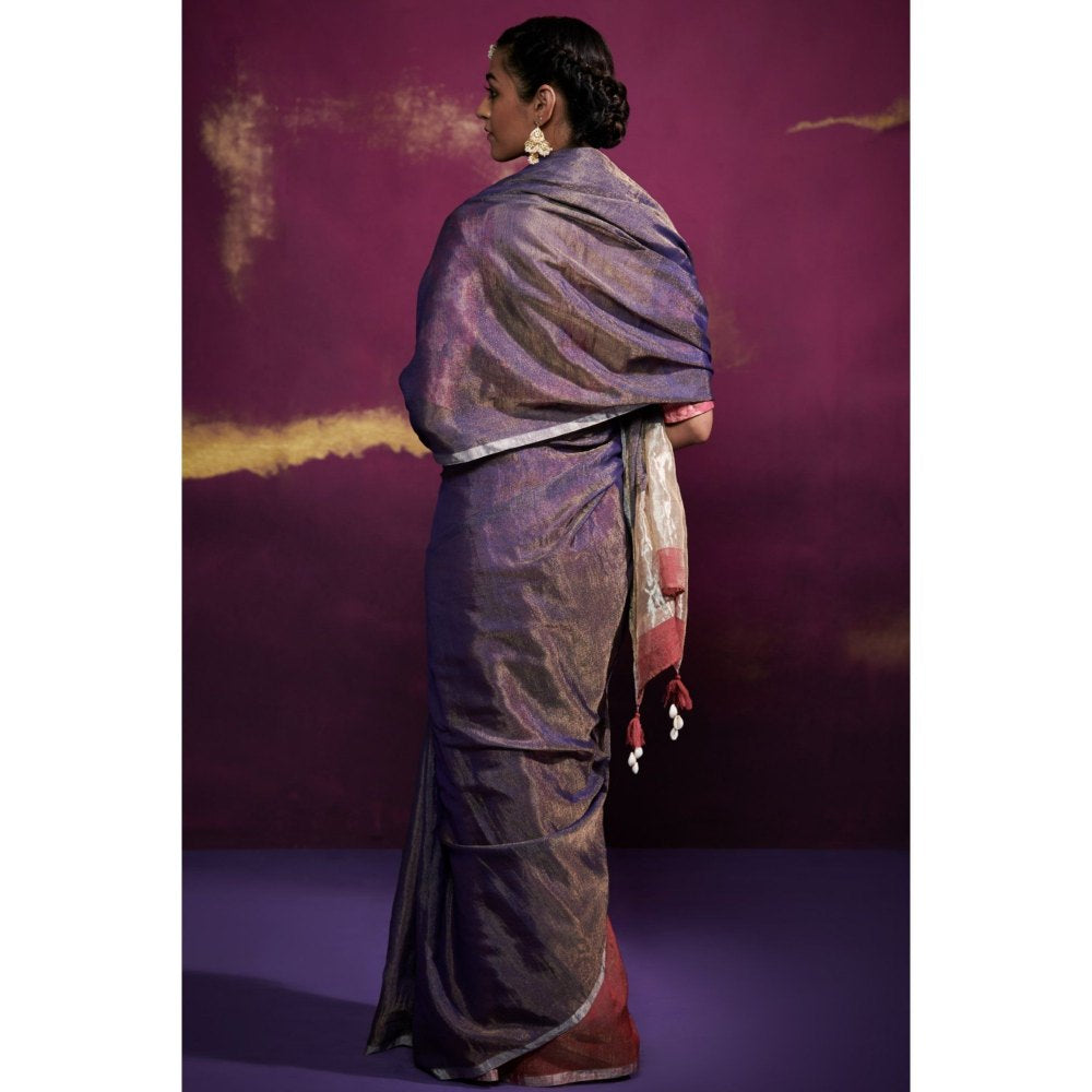 Dressfolk Half Deep Pink and Deep Blue Tissue Saree with Fine Silver Metallic Border without Blouse