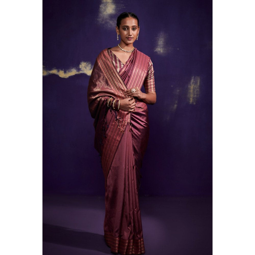 Dressfolk Magenta Pink Silk Satin Saree with Wide Metallic Border without Blouse