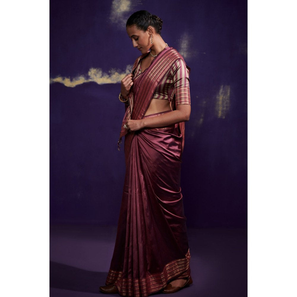 Dressfolk Magenta Pink Silk Satin Saree with Wide Metallic Border without Blouse