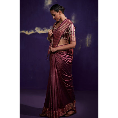 Dressfolk Magenta Pink Silk Satin Saree with Wide Metallic Border without Blouse
