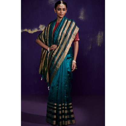 Dressfolk Teal Silk Saree with Multiple Metallic Zari Borders without Blouse