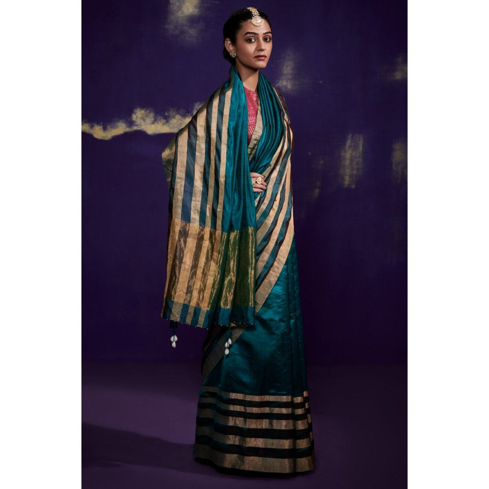 Dressfolk Teal Silk Saree with Multiple Metallic Zari Borders without Blouse