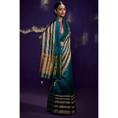 Dressfolk Teal Silk Saree with Multiple Metallic Zari Borders without Blouse