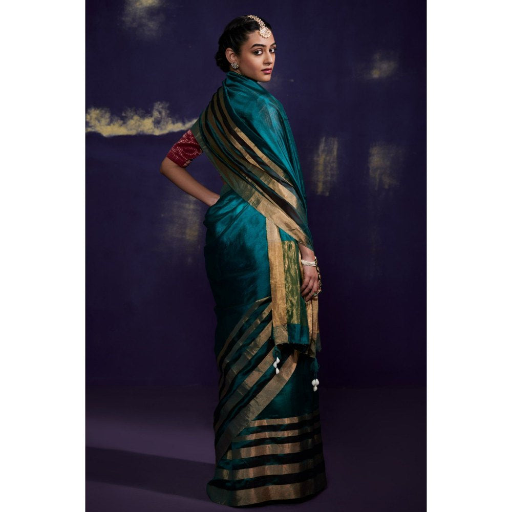 Dressfolk Teal Silk Saree with Multiple Metallic Zari Borders without Blouse