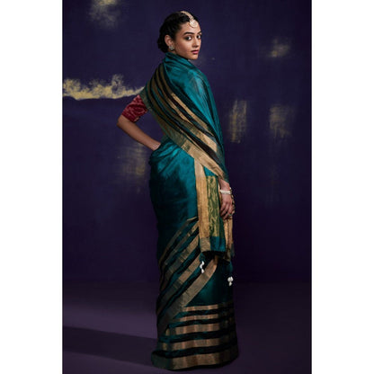 Dressfolk Teal Silk Saree with Multiple Metallic Zari Borders without Blouse