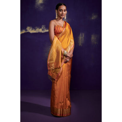 Dressfolk Orange Silk Satin Saree with Wide Metallic Border without Blouse