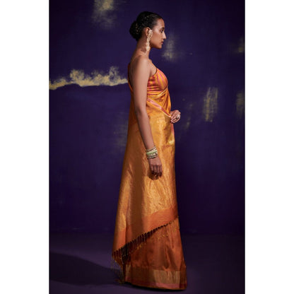Dressfolk Orange Silk Satin Saree with Wide Metallic Border without Blouse
