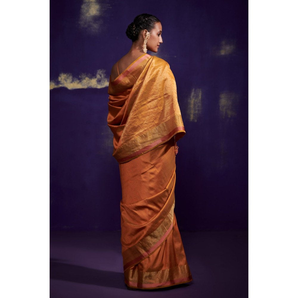 Dressfolk Orange Silk Satin Saree with Wide Metallic Border without Blouse