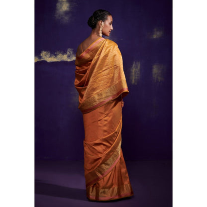 Dressfolk Orange Silk Satin Saree with Wide Metallic Border without Blouse