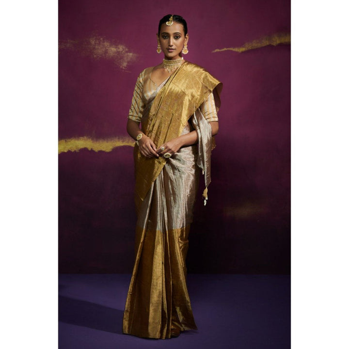 Dressfolk Silver and Gold Blocked Tissue Saree without Blouse