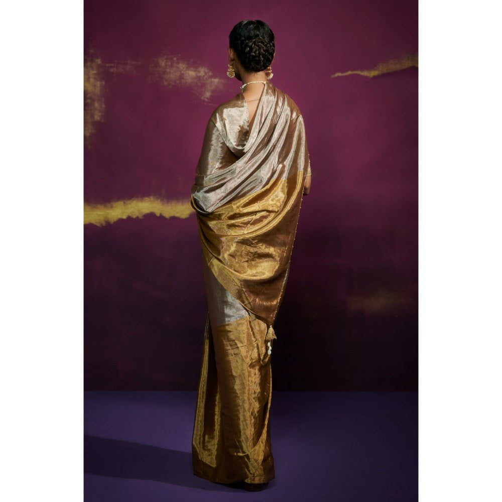 Dressfolk Silver and Gold Blocked Tissue Saree without Blouse
