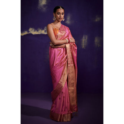 Dressfolk Bright Pink Silk Satin Saree with Wide Metallic Border without Blouse