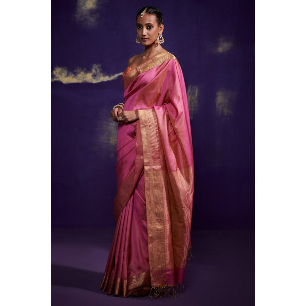 Dressfolk Bright Pink Silk Satin Saree with Wide Metallic Border without Blouse