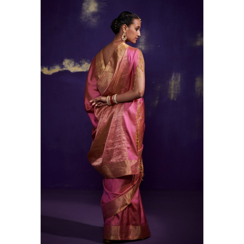 Dressfolk Bright Pink Silk Satin Saree with Wide Metallic Border without Blouse