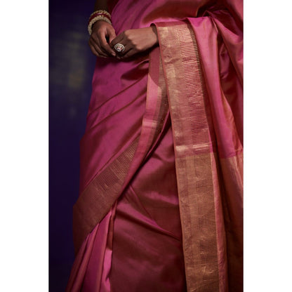 Dressfolk Bright Pink Silk Satin Saree with Wide Metallic Border without Blouse