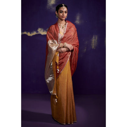 Dressfolk Half Gold and Half Copper Tissue Saree with Fine Silver Zari Border without Blouse