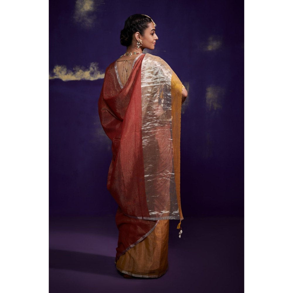 Dressfolk Half Gold and Half Copper Tissue Saree with Fine Silver Zari Border without Blouse