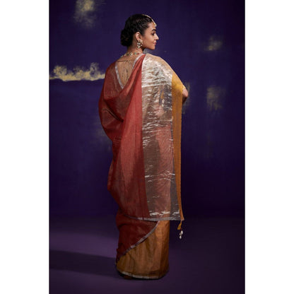 Dressfolk Half Gold and Half Copper Tissue Saree with Fine Silver Zari Border without Blouse