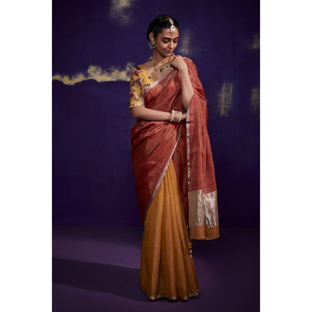Dressfolk Half Gold and Half Copper Tissue Saree with Fine Silver Zari Border without Blouse