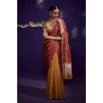 Dressfolk Half Gold and Half Copper Tissue Saree with Fine Silver Zari Border without Blouse