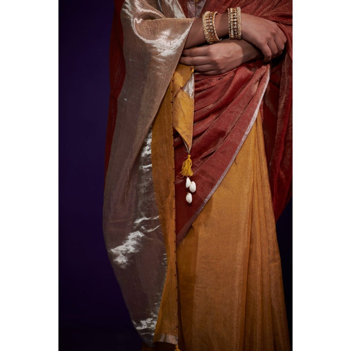 Dressfolk Half Gold and Half Copper Tissue Saree with Fine Silver Zari Border without Blouse