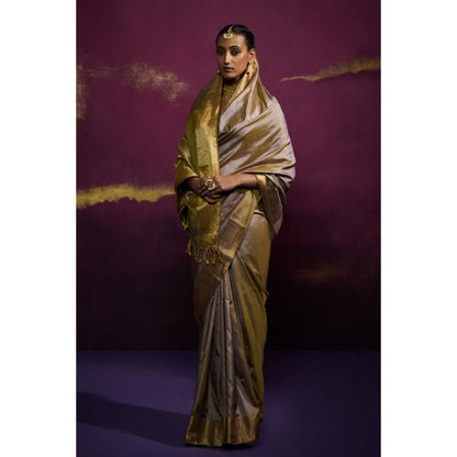 Dressfolk Gray Silk Satin Saree with Wide Metallic Border without Blouse