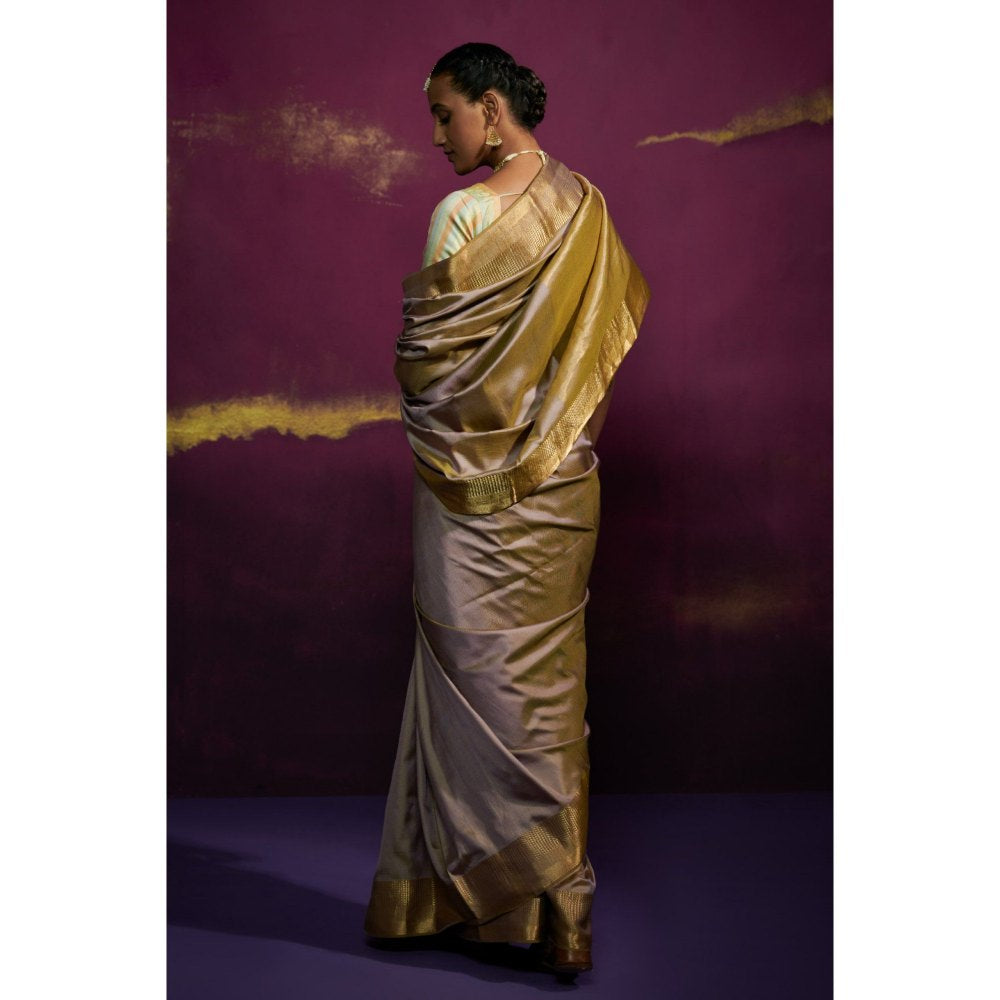 Dressfolk Gray Silk Satin Saree with Wide Metallic Border without Blouse